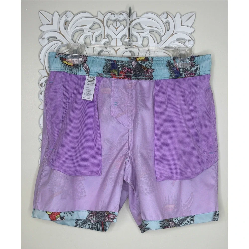 Psycho Tuna Tropical Birds Swim Trunks Men's Medium Aqua Parrot Beach Resort NWT